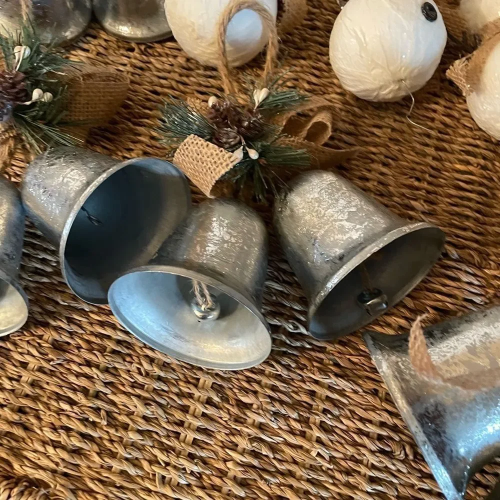 7 Paper Mache Snowman Ornaments & 6 Metal Double Bells with Faux Greenery Lot